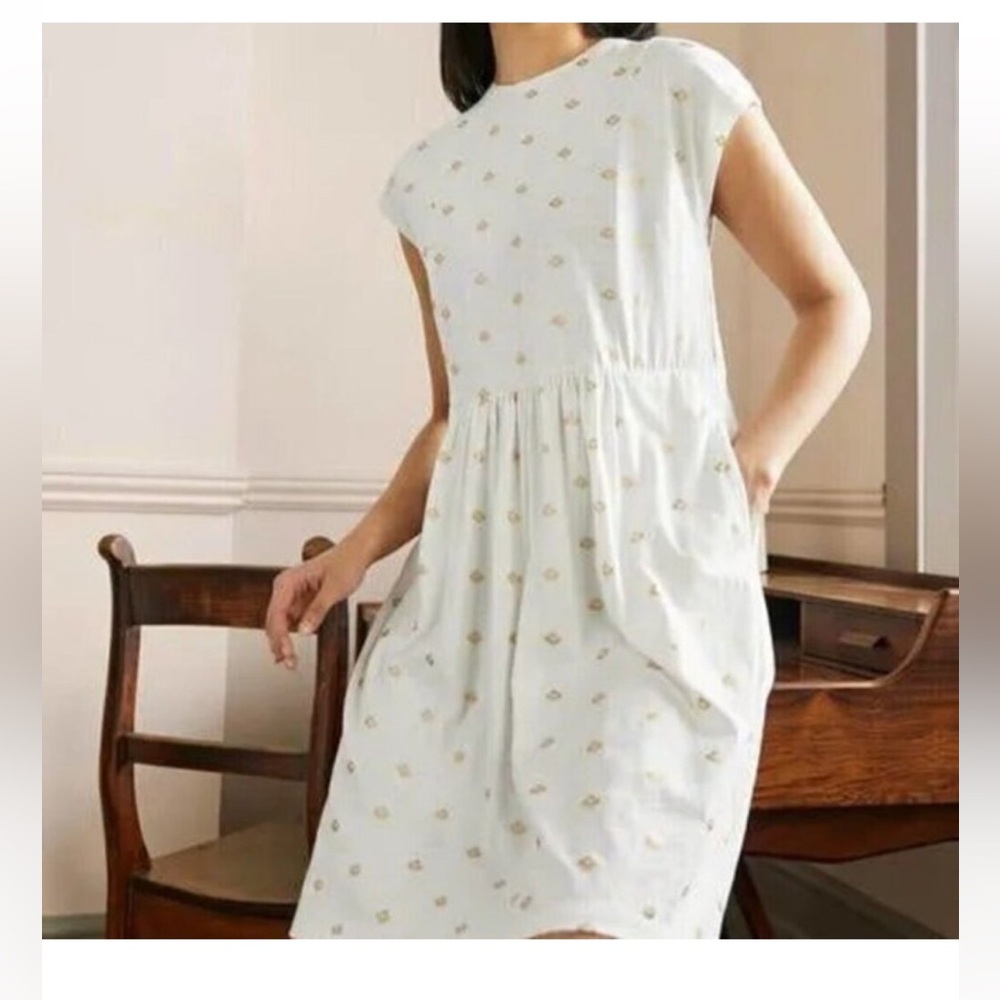 Boden White and Gold Patterned Midi Dress